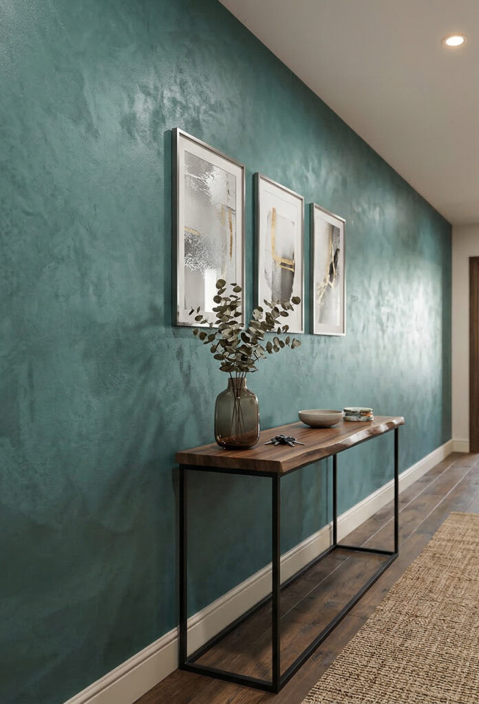 Ein stilvoller Flur mit einer eleganten Wandgestaltung in Betonoptik und einem minimalistischen Holzsideboard.