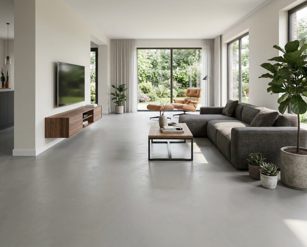 Ein modernes Wohnzimmer mit großen Fenstern, stylischer Couch und einem Tisch, gestaltet mit COLORIAMO Fugenlosspachtel Rustico.