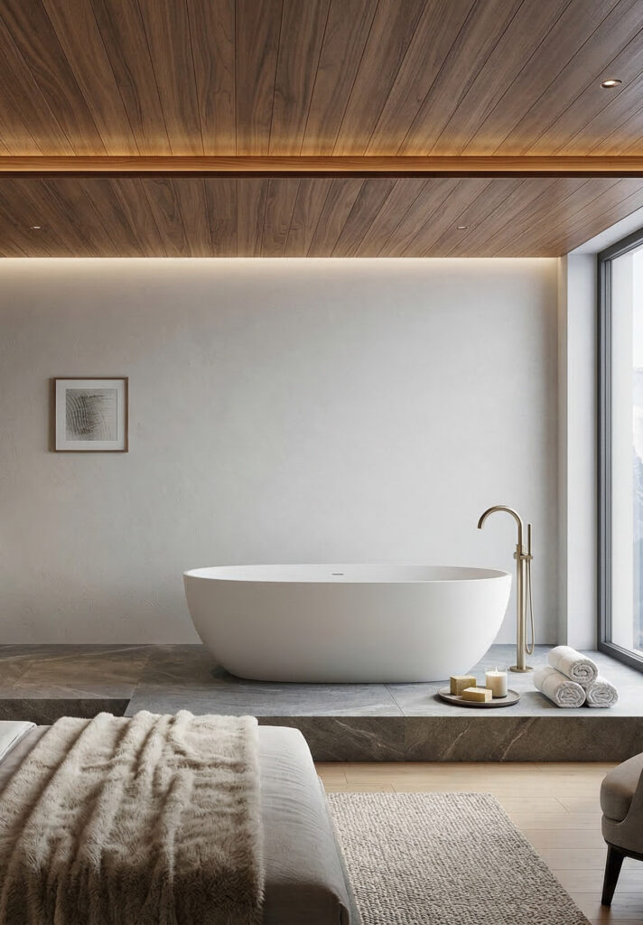Ein modernes Hotelbad mit fugenloser Dusche, Sichtbetonboden und eleganter Badewanne in stilvollem Design. COLORIAMO Marmorputz 0,7 CMR1