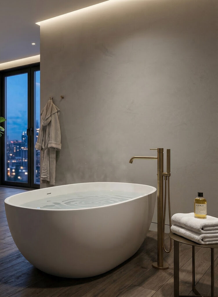 Ein modernes Badezimmer mit einem freistehenden, weißen Badewanne und Betonoptik-Wänden, perfekt für ein fugenloses Bad. COLORIAMO Marmorputz 0,7 CMR3
