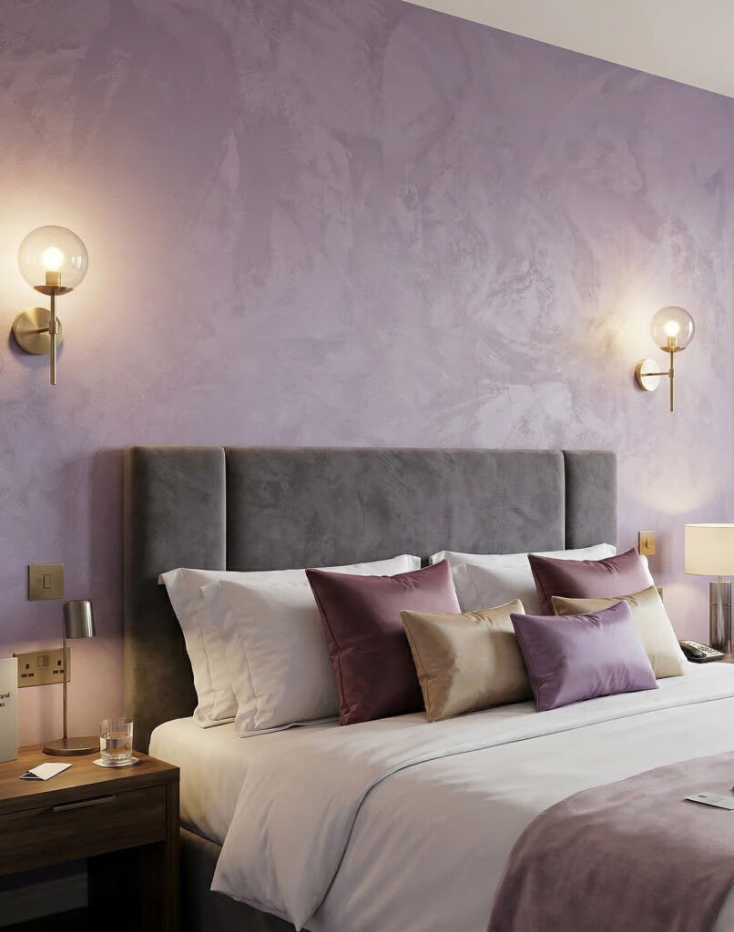 Ein stilvolles Hotelzimmer mit eleganter Wandgestaltung in Betonoptik und einem komfortablen Bett mit dekorativen Kissen.