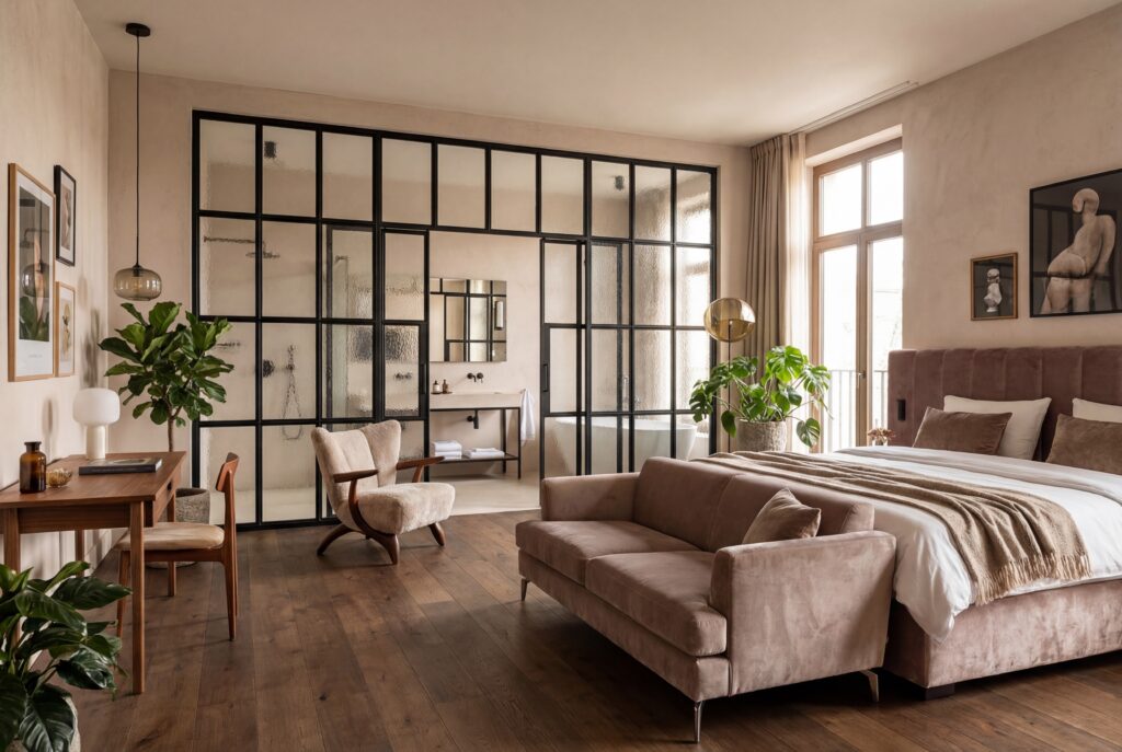 Ein stilvolles Schlafzimmer mit elegantem Streichputz, einem gemütlichen Sofa und modernen Wandgestaltungen von COLORIAMO. COLORIAMO Marmorputz 0,7 CMR4