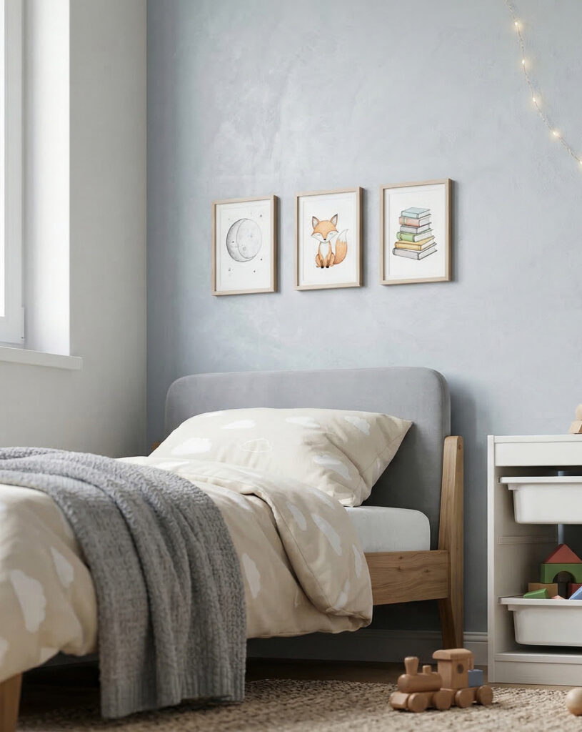 Ein modernes Kinderzimmer mit einer sanften Betonoptik-Wandgestaltung, einem gemütlichen Bett und Spielzeugkisten.
