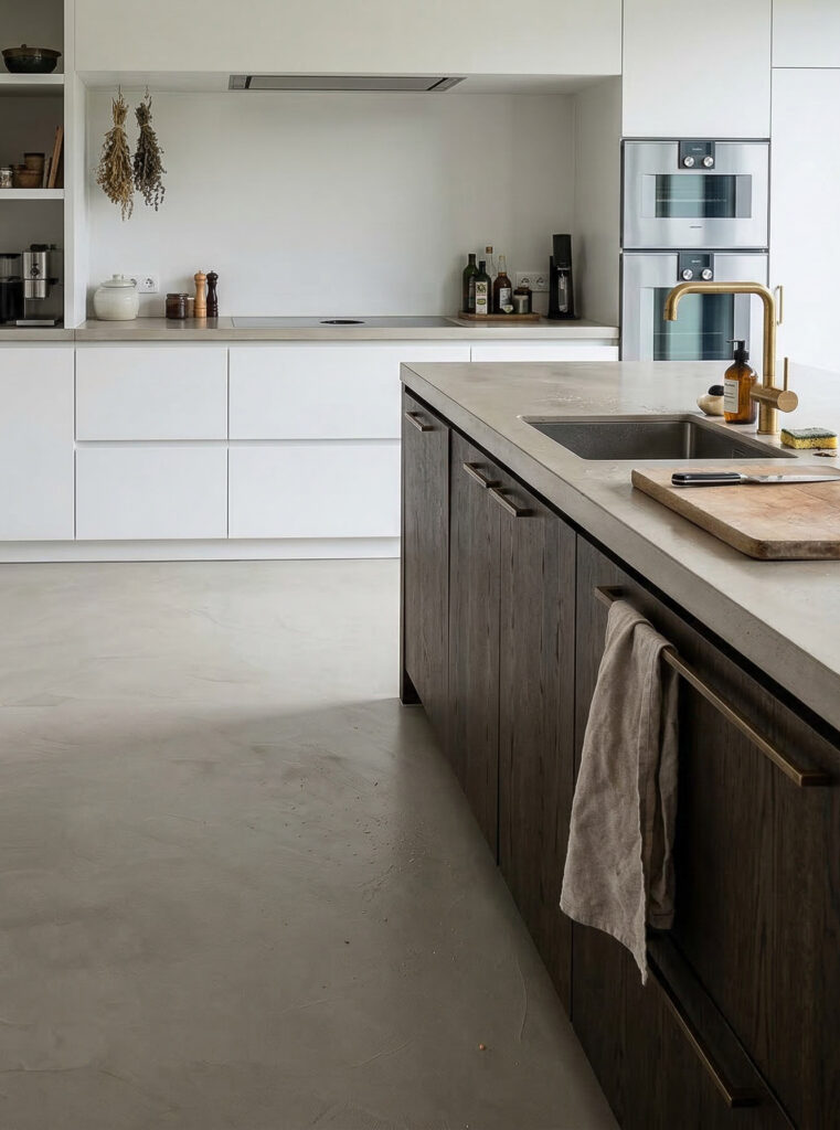 Moderne Küche mit fugenlosem Spachtelboden in Betonoptik und eleganten Holzdetails für stilvolles Wohnen. | © Coloriamo