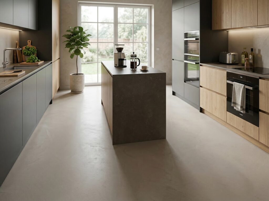 Moderne Küche mit fugenlosem Streichputz Rustico CR10 von COLORIAMO und stilvollen Holz- und Grautönen für ein elegantes Ambiente.