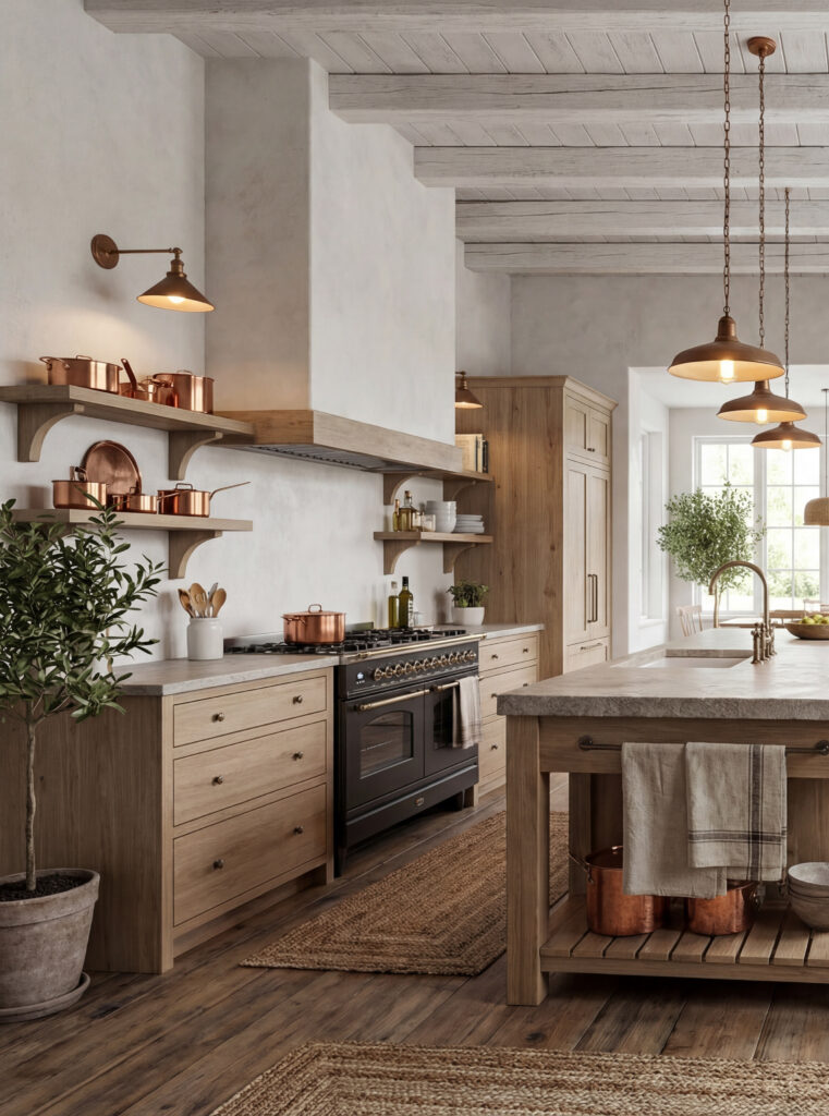 Eine moderne Küche mit Holz- und Betonoptik, ausgestattet mit eleganten Kupfertöpfen und einer stylischen Spachteltechnik. COLORIAMO Marmorputz 0,5 mit Glimmer CMR1