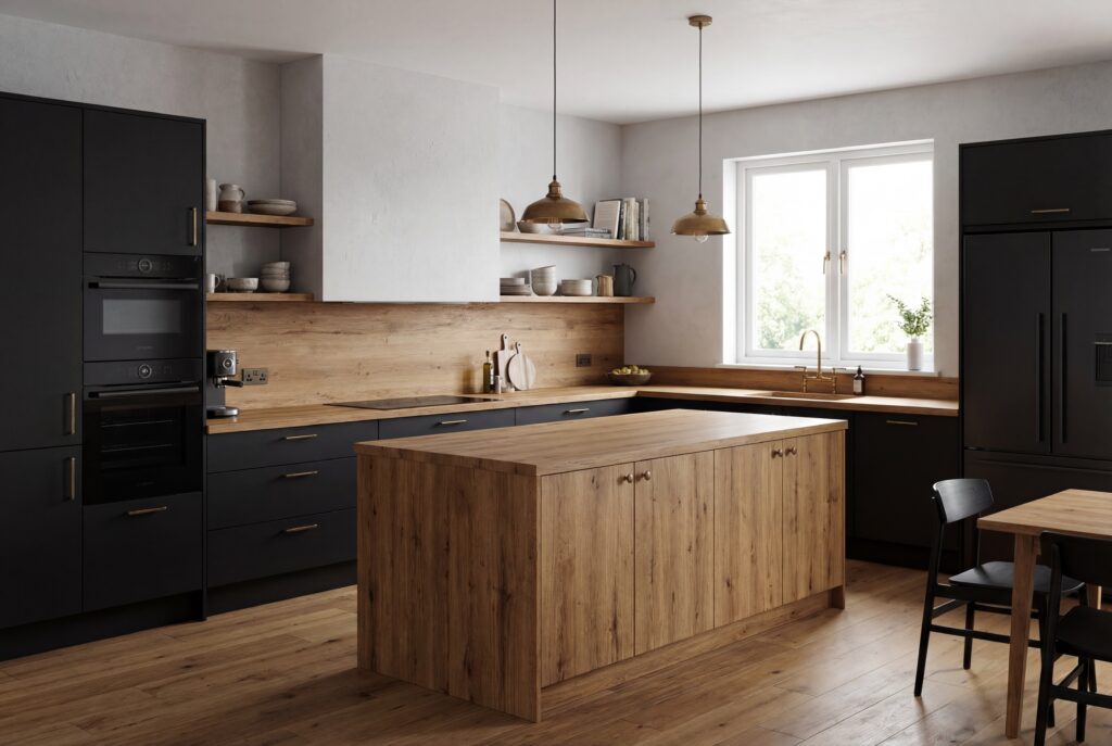Moderne Küche mit Holz- und schwarzen Akzenten, ideal für stilvolle Wandgestaltung mit Streichputz von COLORIAMO. COLORIAMO Marmorputz 0,7 CMR2