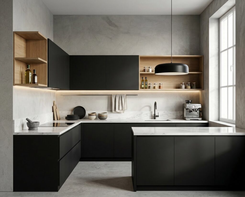 Moderne Küche mit eleganter Wandgestaltung aus Marmorputz und minimalistischen schwarzen Möbeln, ideal für stilvolles Wohnen. COLORIAMO Marmorputz 0,7 CMR3