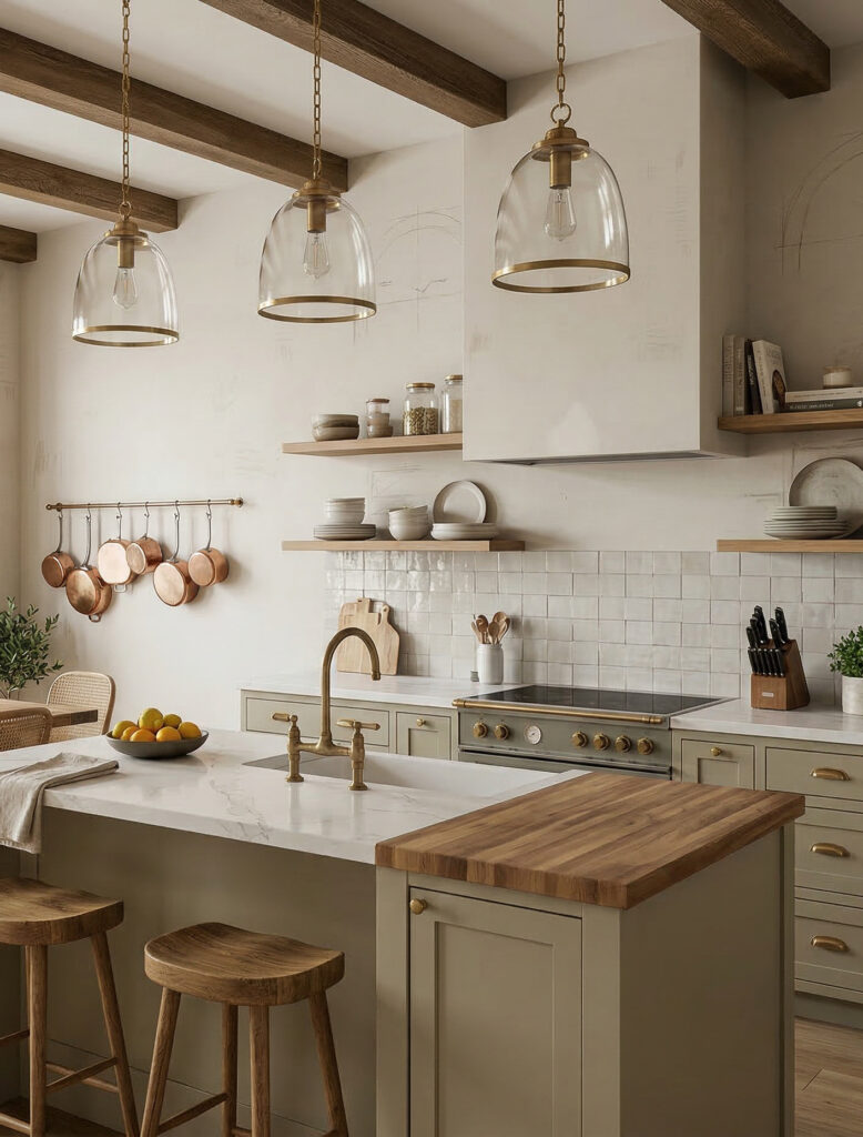 Moderne Küche mit Holzregalen, eleganten Pendelleuchten und einem fugenlosen Bad in Betonoptik, ideal für stilvolle Wandgestaltung. COLORIAMO Marmorputz 0,7 CMR8