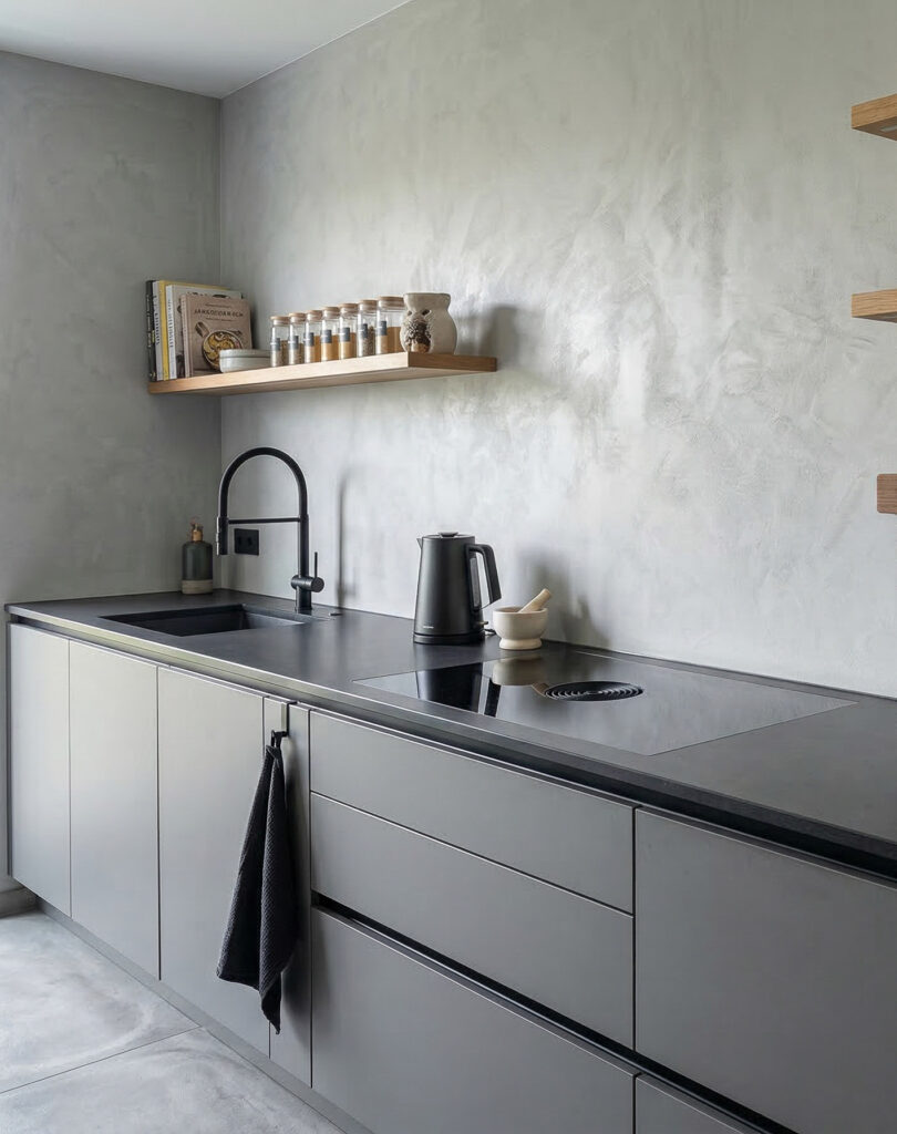Moderne Küche in Betonoptik mit Spachteltechnik, eleganten grauen Möbeln und minimalistischer Holzregalgestaltung.