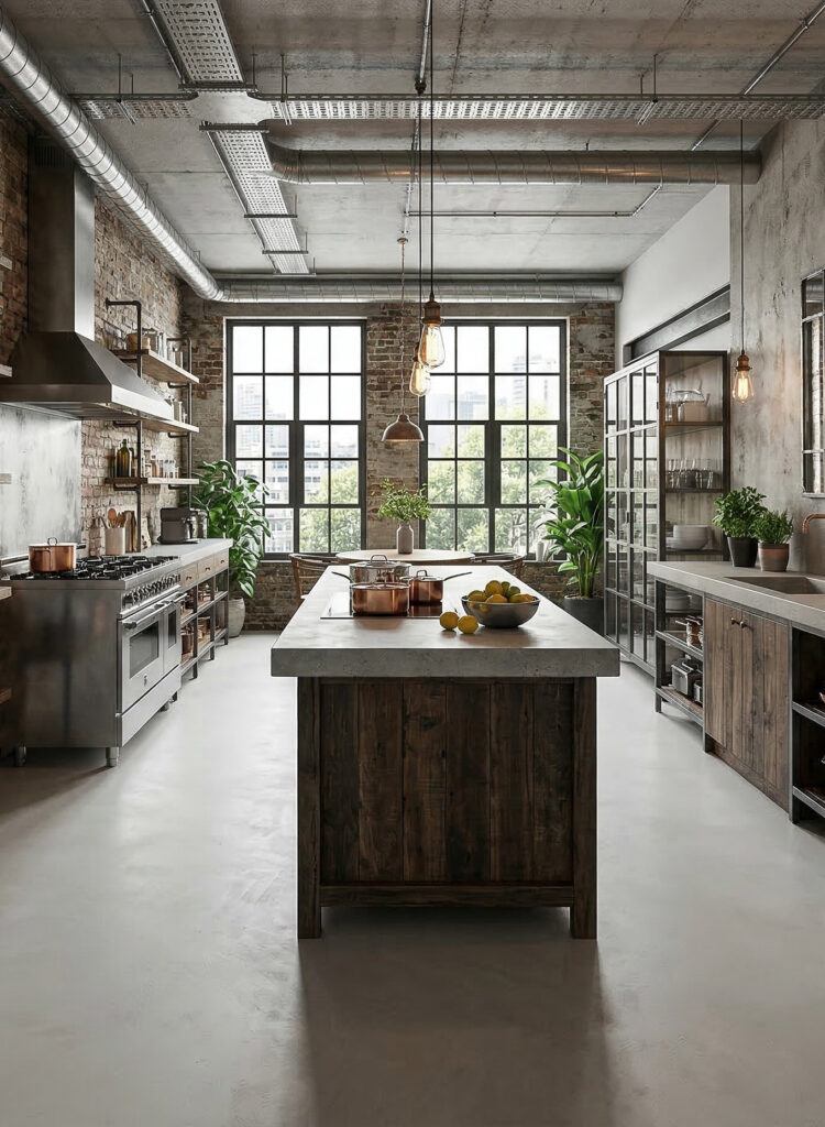 Moderne Küche im Loft-Stil mit Betonoptik und rustikalen Elementen, ideal für fugenloses Wohnen und kreative Wandgestaltung.
