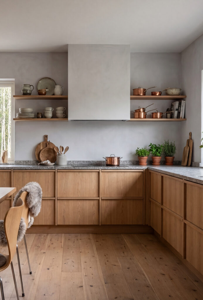 Eine moderne Küche im skandinavischen Stil mit Holzschränken, Marmor-Arbeitsfläche und minimalistischem Designboden aus Betonoptik.