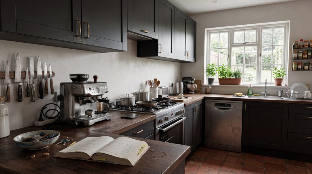 Eine moderne Küche mit eleganter Wandgestaltung aus Marmor-Glanzspachtel und stilvollen Utensilien, die zum Kochen einladen.