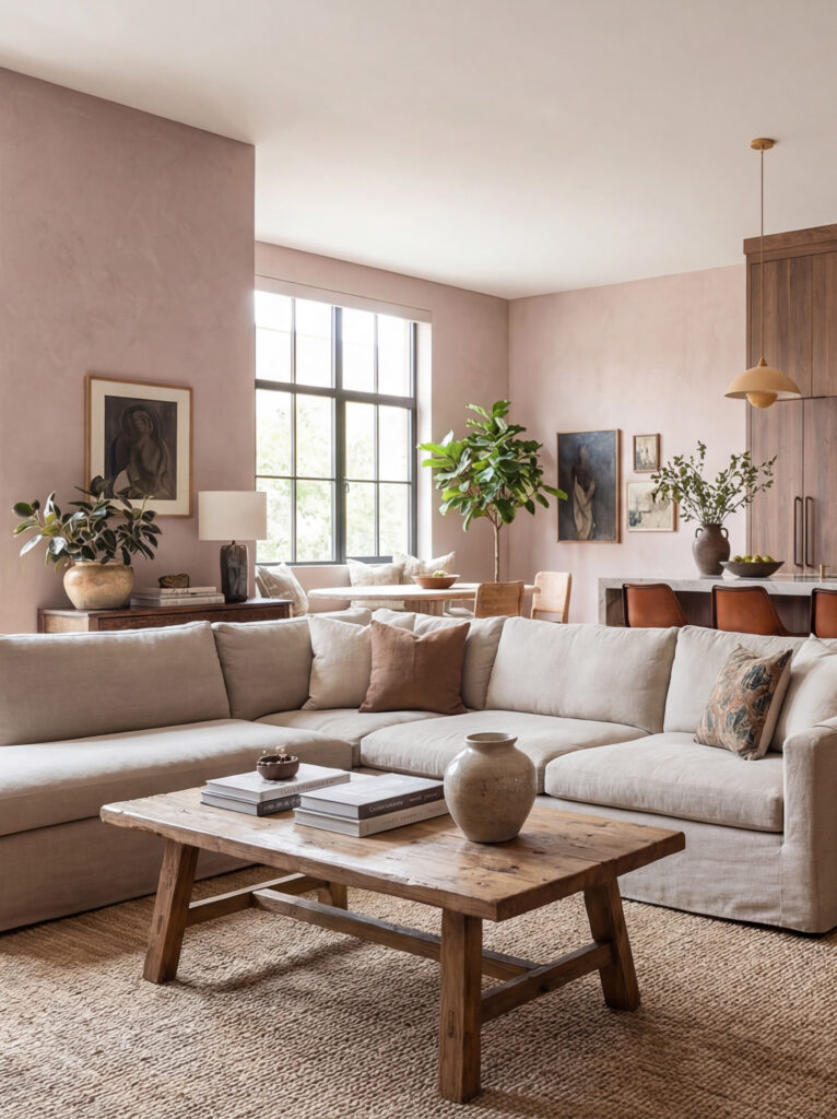 Ein gemütliches Wohnzimmer mit sanften, farbigen Wänden, einem großen Sofa und einem natürlichen designboden, ideal für entspannte Momente. COLORIAMO Marmorputz 0,7 CMR10
