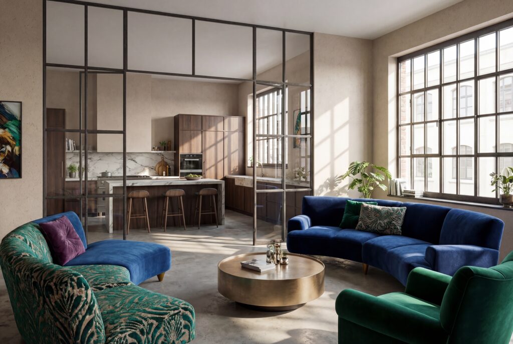Modernes Wohnzimmer mit eleganter Wandgestaltung und Marmorputz, das eine offene Küche im Loft-Stil zeigt. COLORIAMO Marmorputz 0,7 CMR7