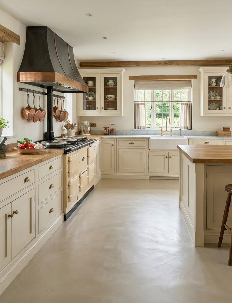Eine elegante Landhausküche mit fugenlosem Designboden in Betonoptik und hellen Schränken, ideal für modernes Wohnen.