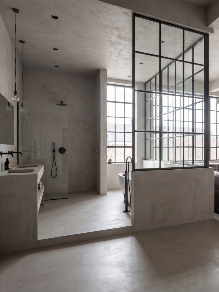 Ein modernes Badezimmer im Loft-Stil mit fugenloser Dusche, Sichtbeton und eleganten Spachteltechniken für ein einzigartiges Design.