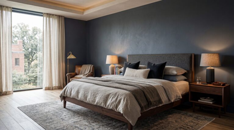 Ein stilvolles Schlafzimmer mit dunkler Wandgestaltung in Kalkputz und gemütlicher Möbelierung lädt zum Entspannen ein.