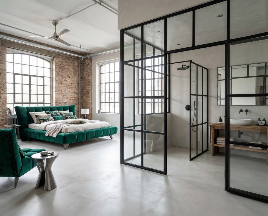 Ein stilvolles Schlafzimmer mit einem grünen Bett, modernen Wänden und einer eleganten Dusche aus Fugenlosspachtel Rustico.