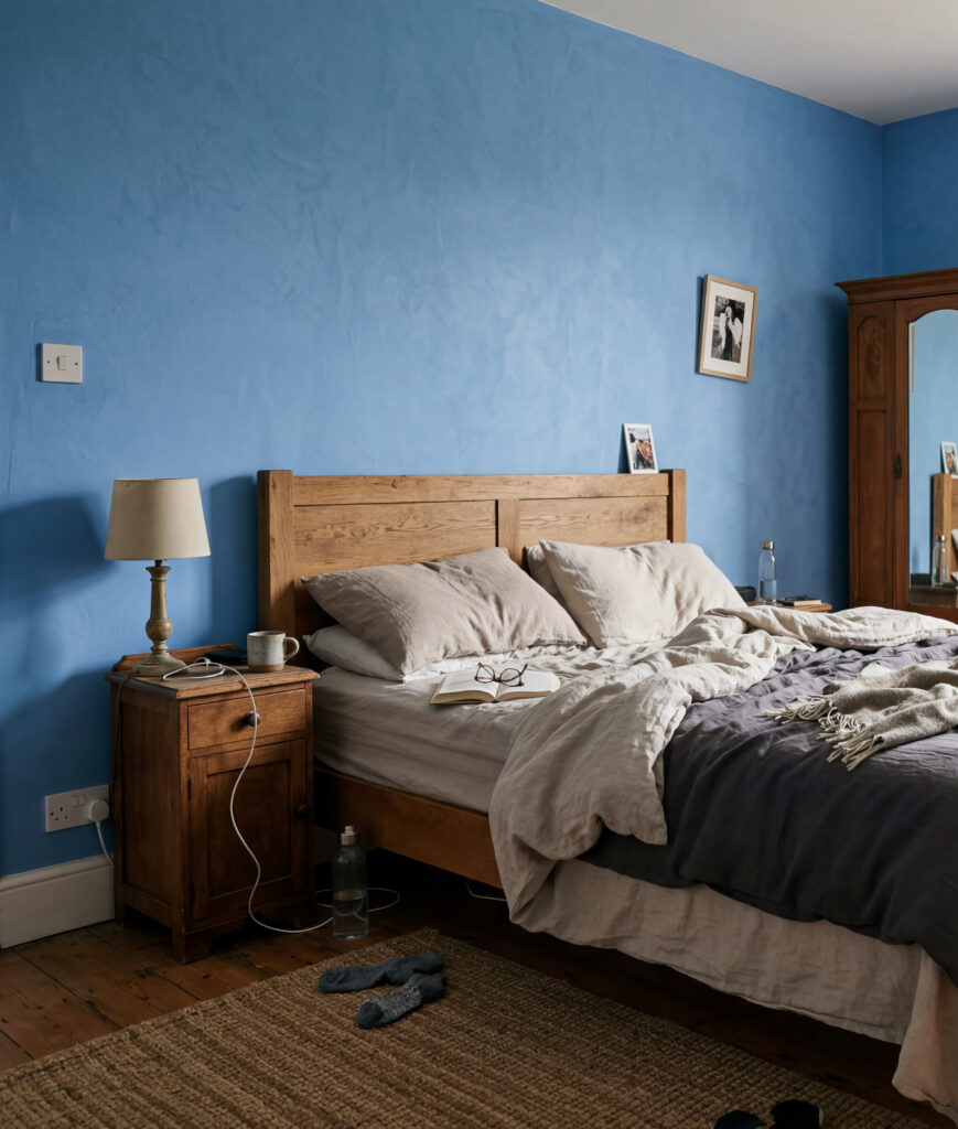 Ein Schlafzimmer mit blauem Kalkputz, Holzmöbeln und einem gemütlichen Bett, ideal für modernes Design und Wandgestaltung.