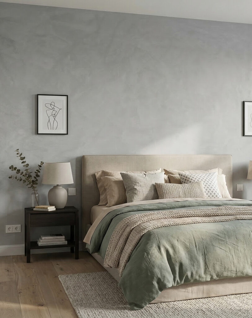 Ein modernes Schlafzimmer mit Betonoptik-Wandgestaltung, elegantem Bett und stilvollen Accessoires in beruhigenden Farben.