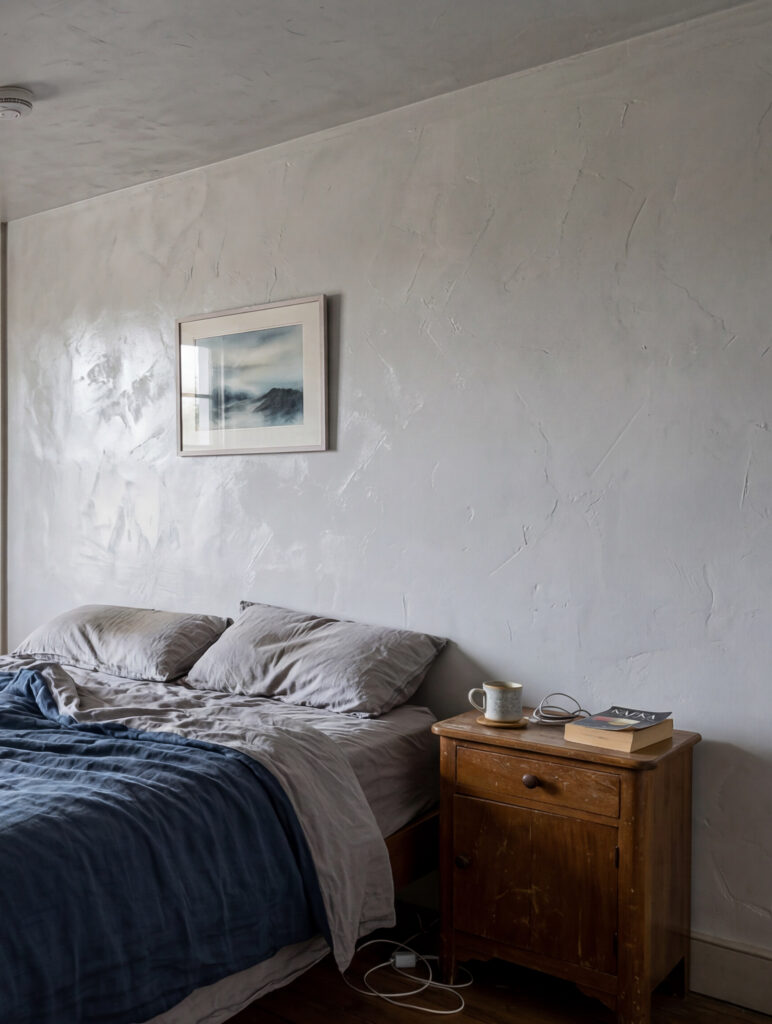 Ein stilvolles Schlafzimmer mit Wänden und Decke in COLORIAMO Marmor Glanzspachtel, das modernes Design verkörpert.