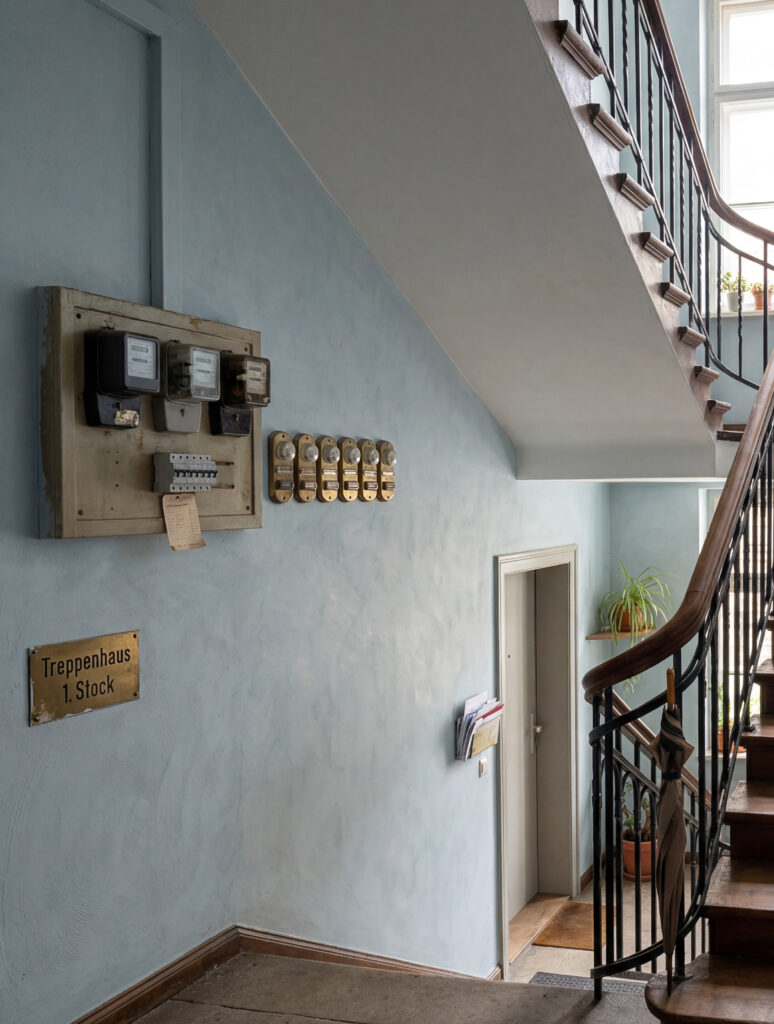 Ein elegantes Treppenhaus mit hellem Kalkputz, Holztreppe und stilvoller Wandgestaltung in Betonoptik.