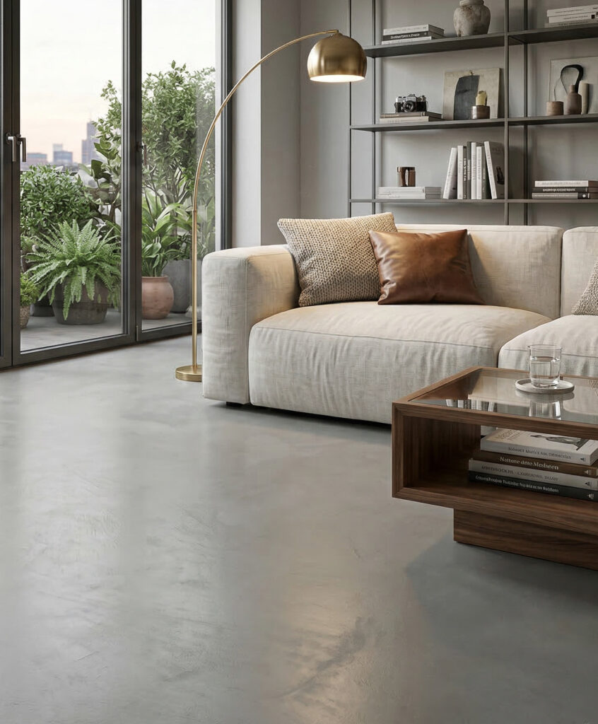 Ein modernes Wohnzimmer mit einem bequemen Sofa und einem eleganten Sichtbetonboden in Betonoptik, ideal für stilvolle Wandgestaltung.