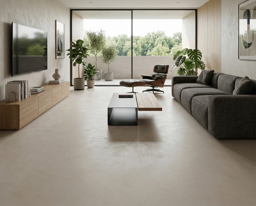 Modernes Wohnzimmer mit eleganter Wandgestaltung aus COLORIAMO Fugenlosspachtel Rustico und stilvollen Möbeln.