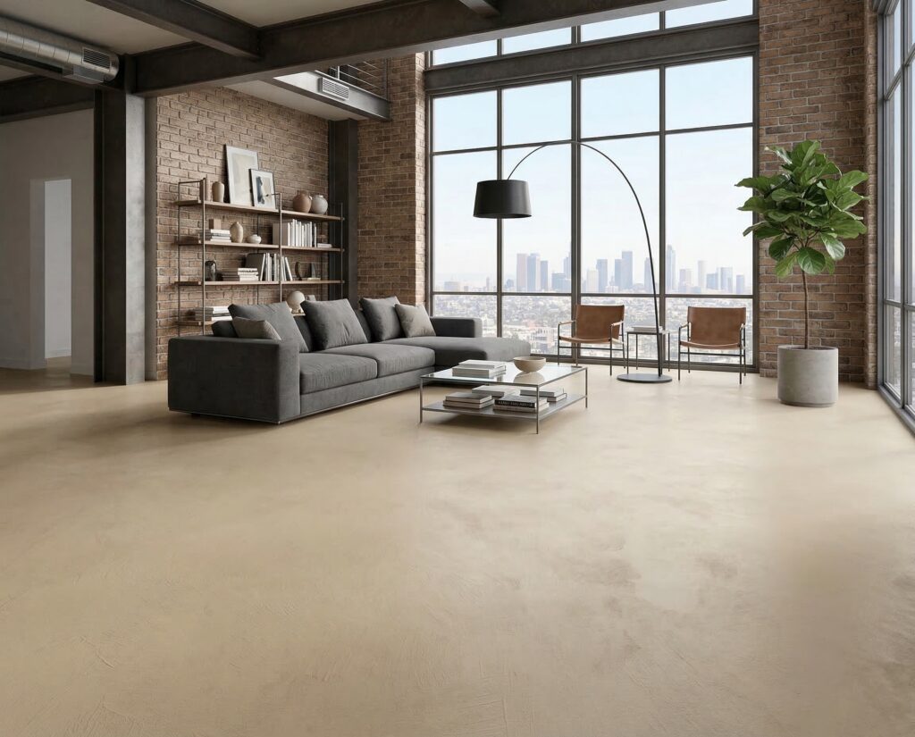 Ein modernes Wohnzimmer mit großflächiger Wandgestaltung in Fugenlosspachtel-Rustico-CR5 von COLORIAMO und urbanem Ausblick.