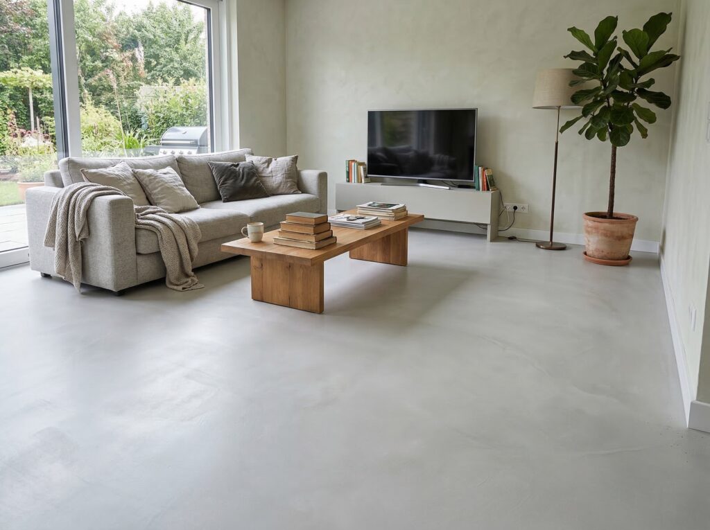Modernes Wohnzimmer mit hellem Streichputz und elegantem Fugenlosspachtel-Rustico-CR7, ideal für kreative Wandgestaltung.