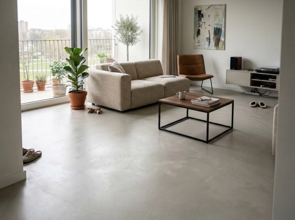 Das stilvolle Wohnzimmer mit Fugenlosspachtel-Rustico-CR9 von COLORIAMO zeigt eine moderne Wandgestaltung und gemütliche Möbel.