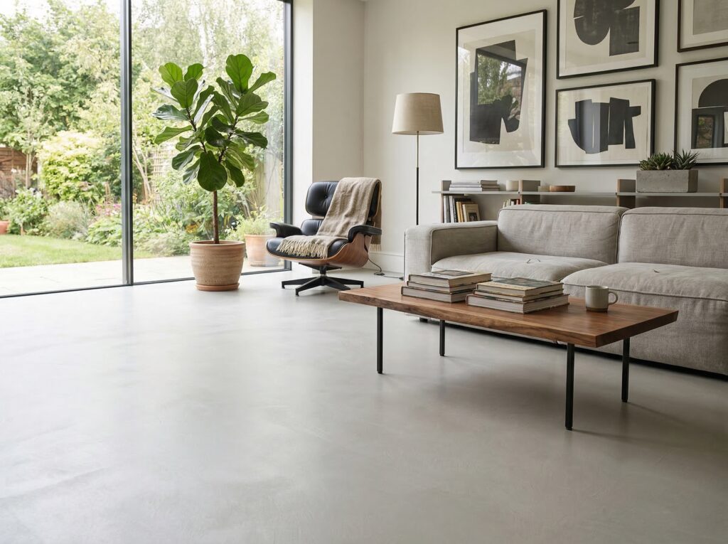 Modernes Wohnzimmer mit rustikalem Streichputz und großen Fenstern, die auf einen blühenden Garten blicken.