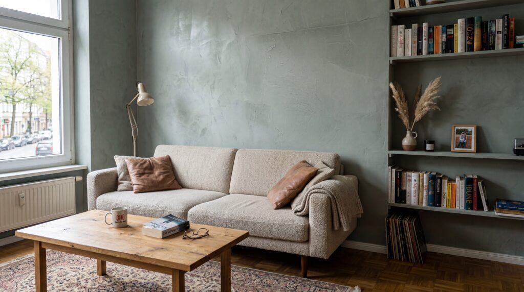 Ein modernes Wohnzimmer mit elegantem Streichputz und einem gemütlichen Sofa lädt zum Entspannen ein. | © Coloriamo