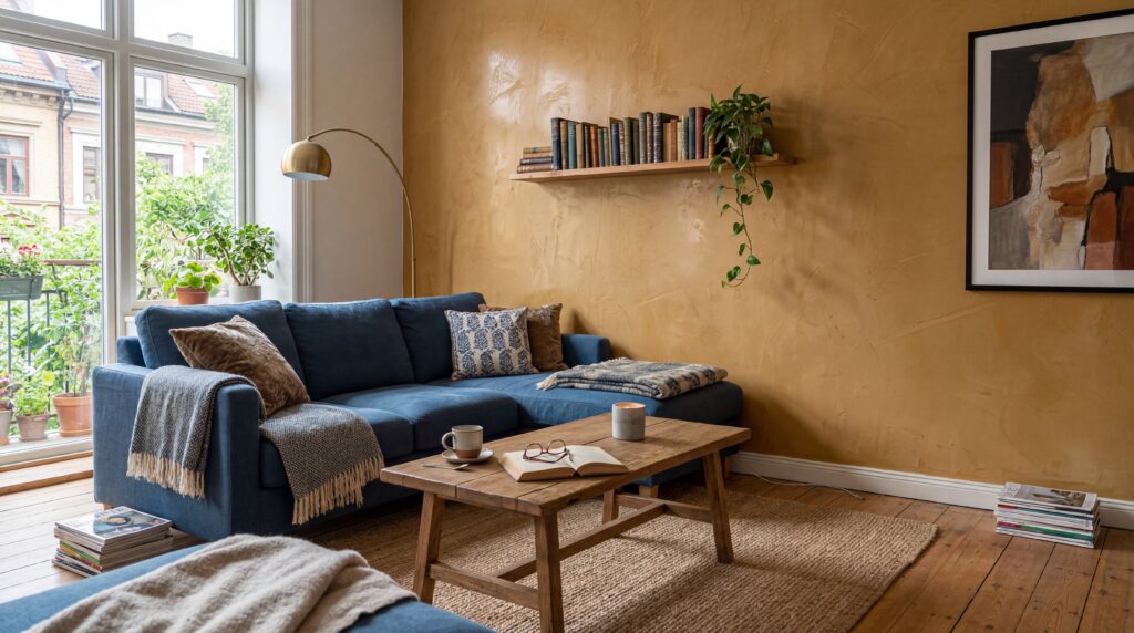 Ein modernes Wohnzimmer zeigt eine warme Wandgestaltung mit COLORIAMO Marmor-Glanzspachtel und einem gemütlichen Sofa.