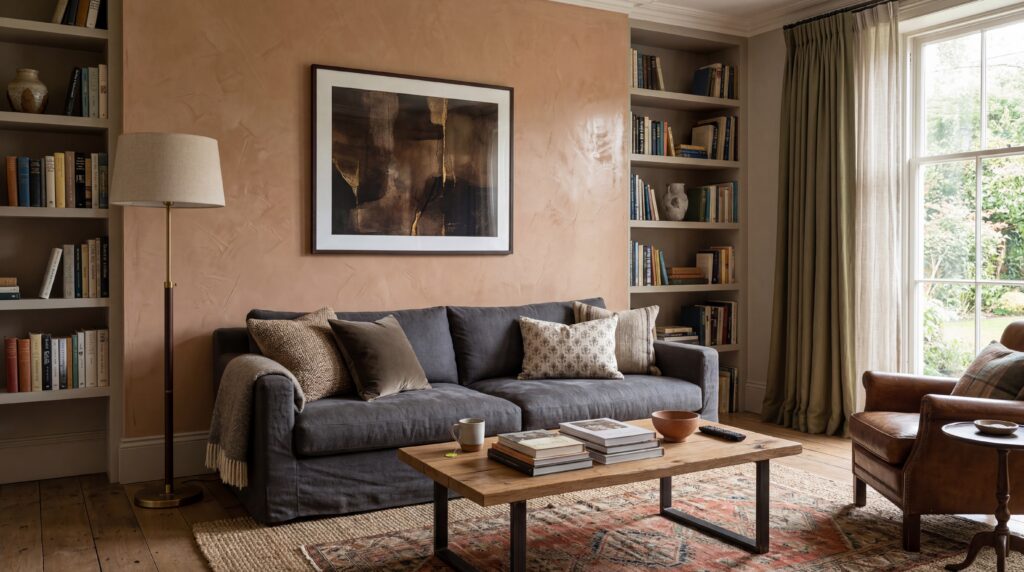Ein gemütliches Wohnzimmer mit Marmor-Wandgestaltung und stilvollem Streichputz in sanften Erdtönen.