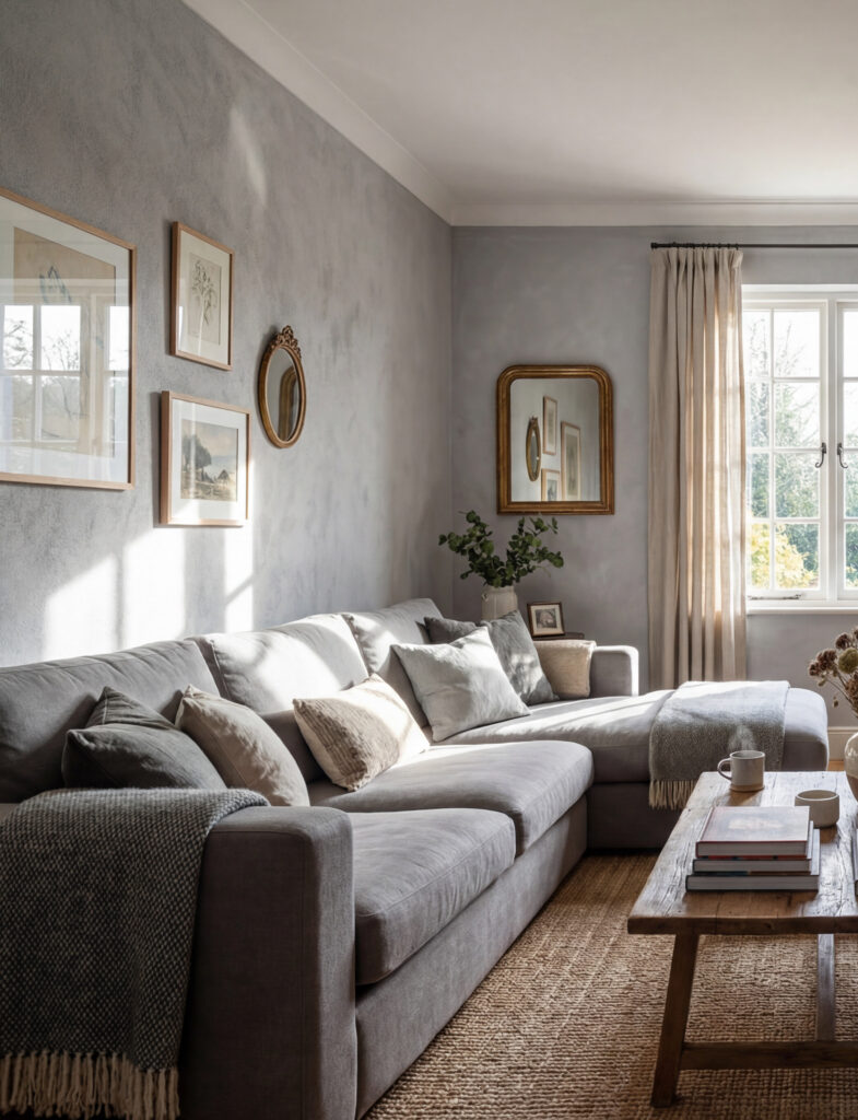 Ein stilvolles Wohnzimmer mit grauer Marmor-Wandgestaltung und gemütlichem Sofa, perfekt für modernes Wohnen.