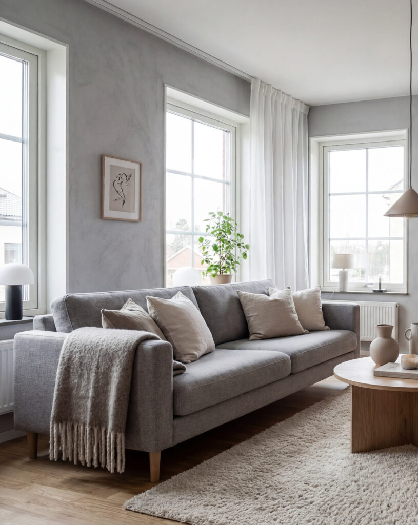 Modernes Wohnzimmer mit grauem Sofa, hellem Teppich und Betonoptik-Wandgestaltung für stilvolles Wohnen.