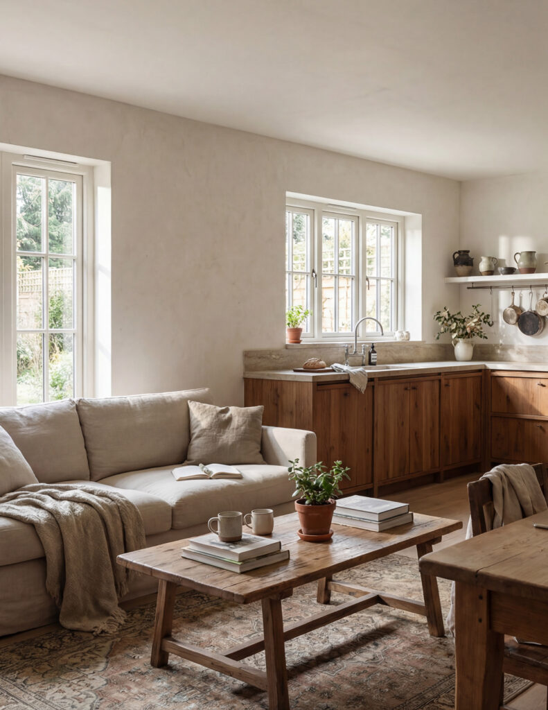 Helles Wohnzimmer mit einem bequemen Sofa, Holzdetails und fugenloser Wandgestaltung in Betonoptik für ein modernes Ambiente. COLORIAMO Marmorputz 0,5 mit Glimmer CMR2