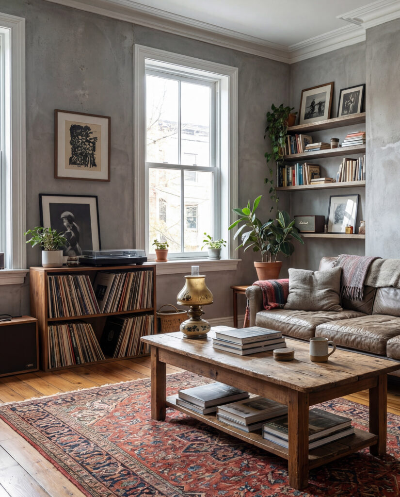 Ein modernes Wohnzimmer mit betonoptik-Wänden, Holzregalen und gemütlicher Couch schafft eine einladende Atmosphäre. COLORIAMO Marmorputz 0,5 mit Glimmer CMR5