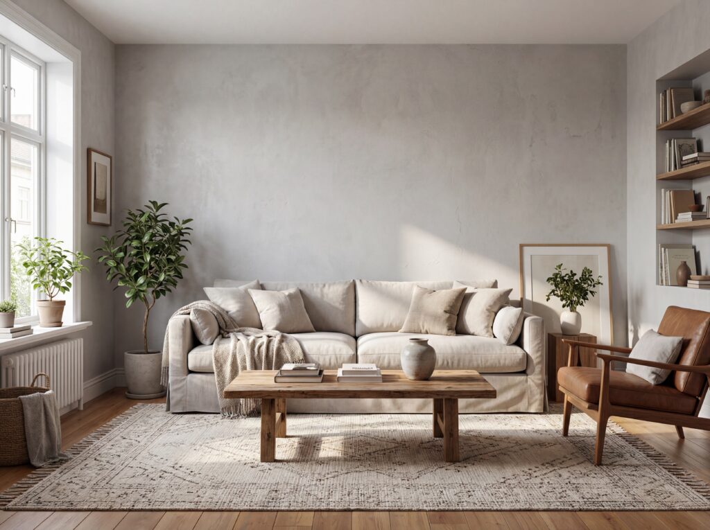 Ein modernes Wohnzimmer mit hellen Wänden aus Marmorputz und einer stilvollen Einrichtung aus Holz und Pflanzen schafft eine einladende Atmosphäre. COLORIAMO Marmorputz 0,5 mit Glimmer CMR6