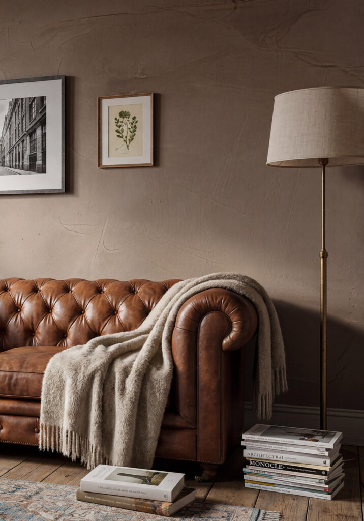 Ein gemütliches Wohnzimmer mit einem braunen Chesterfield-Sofa, das mit einem hellen Überwurf und dekorativen Büchern stilvoll gestaltet ist.