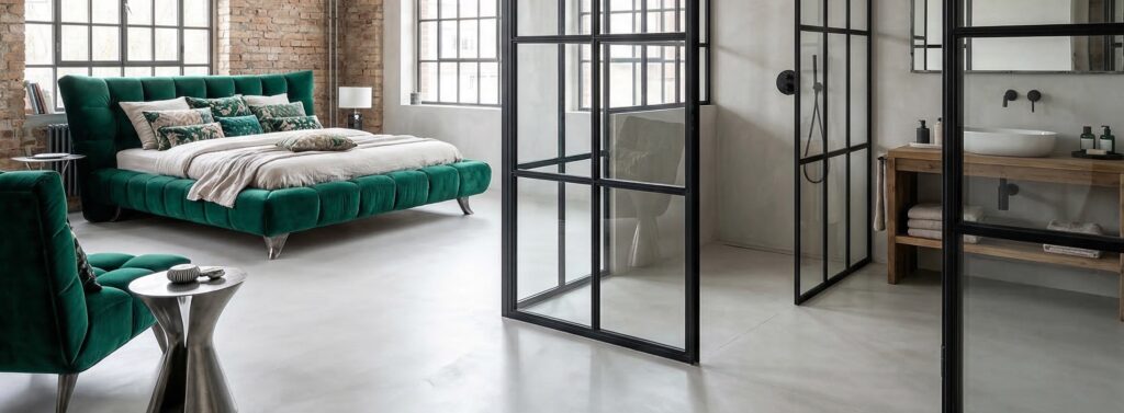 Loft mit grünem Samtbett und Walk-in-Dusche, Boden aus COLORIAMO Fino Fugenlosspachtel, im MicroTec-System: zwei Lagen Rustico, eine Lage Fino, mit PU Finish versiegelt