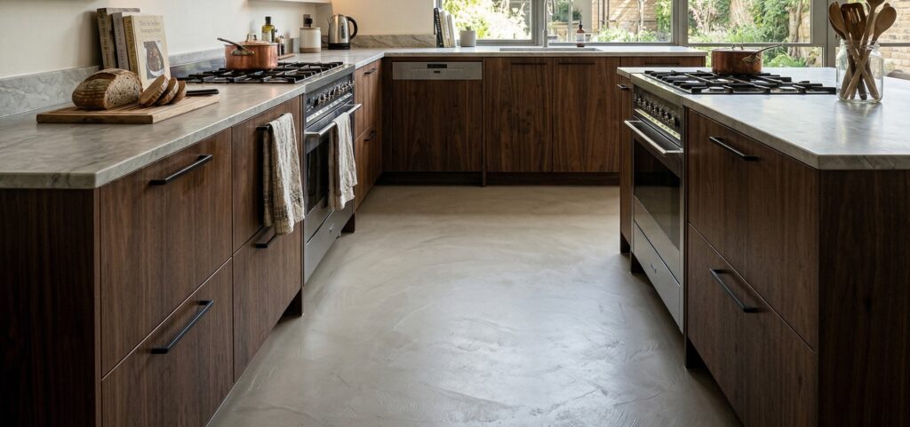 Moderne Küche mit fugenlosem Microzementboden und stilvollen Holzschränken, ideal für elegante Wandgestaltung.