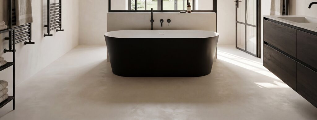 Bad mit schwarzer Wanne auf beigem fugenlosem Boden aus COLORIAMO MicroTec-System (Rustico und Fino), zwei Lagen Rustico, eine Lage Fino, mit PU Finish versiegelt