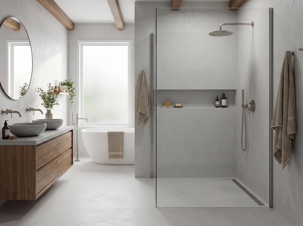 Fugenloses Bad mit Microzement in Betonoptik, eleganter Kombination aus Holz und modernem Design.