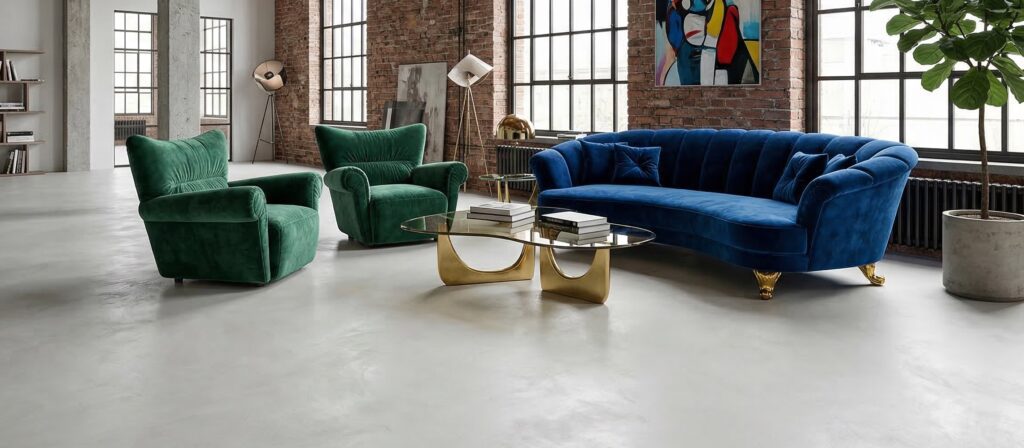 Microzementboden in hellem Loft mit Tageslicht und stilvollem Mobiliar in <a href=