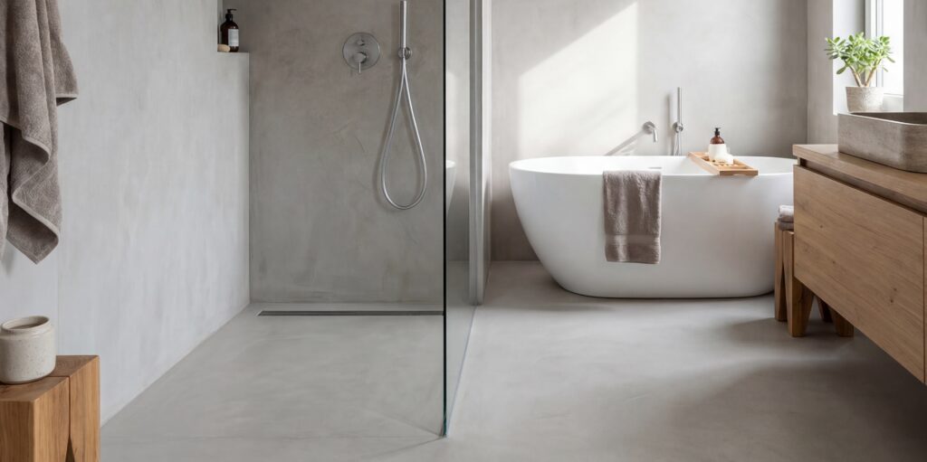 Elegantes Badezimmer mit fugenlosem Betonboden und Dusche, gestaltet in stilvollem Fugenlos-Design. | © COLORIAMO