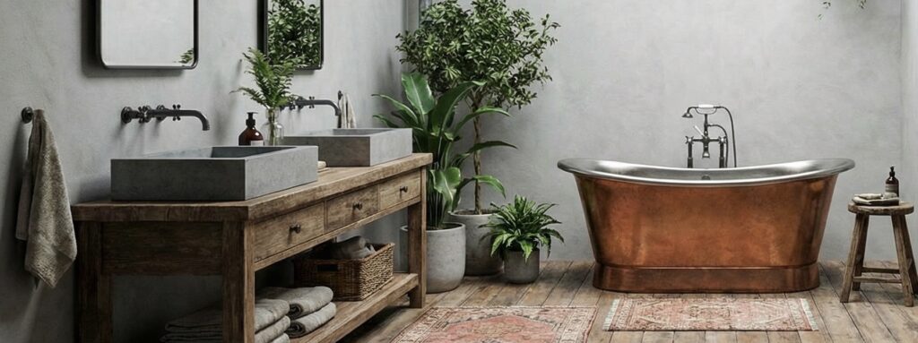 Modernes Badezimmer mit Kalk-Marmorputz, Holzwaschtisch und Kupferbadewanne, gestaltet mit COLORIAMO. | © COLORIAMO