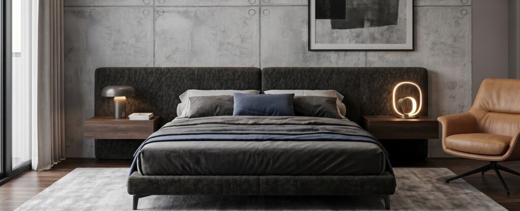 Schlafzimmer mit Beton-Akzent-Wand von COLORIAMO, stilvolles Design und modernes Ambiente | © COLORIAMO